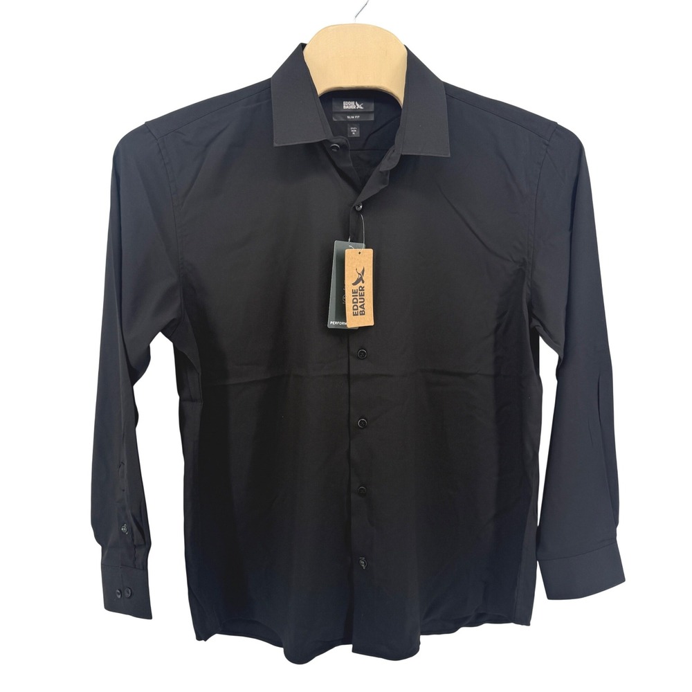 NEW Eddie Bauer Performance Dress Shirt Mens XL 17-17.5 Black Slim Fit Stretch